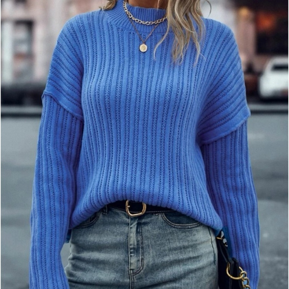 Blue Ribbed Knit Mock Neck Sweater
